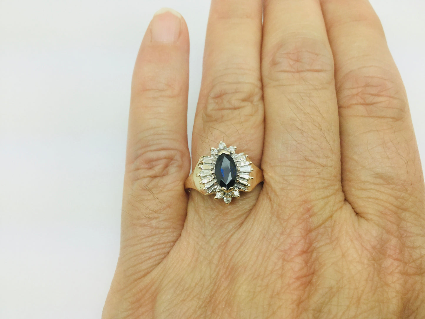 10k Yellow Gold Marquise Cut 50pt Sapphire & 19pt Diamond Ring