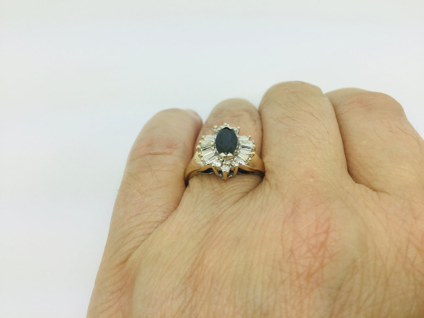 10k Yellow Gold Marquise Cut 50pt Sapphire & 19pt Diamond Ring