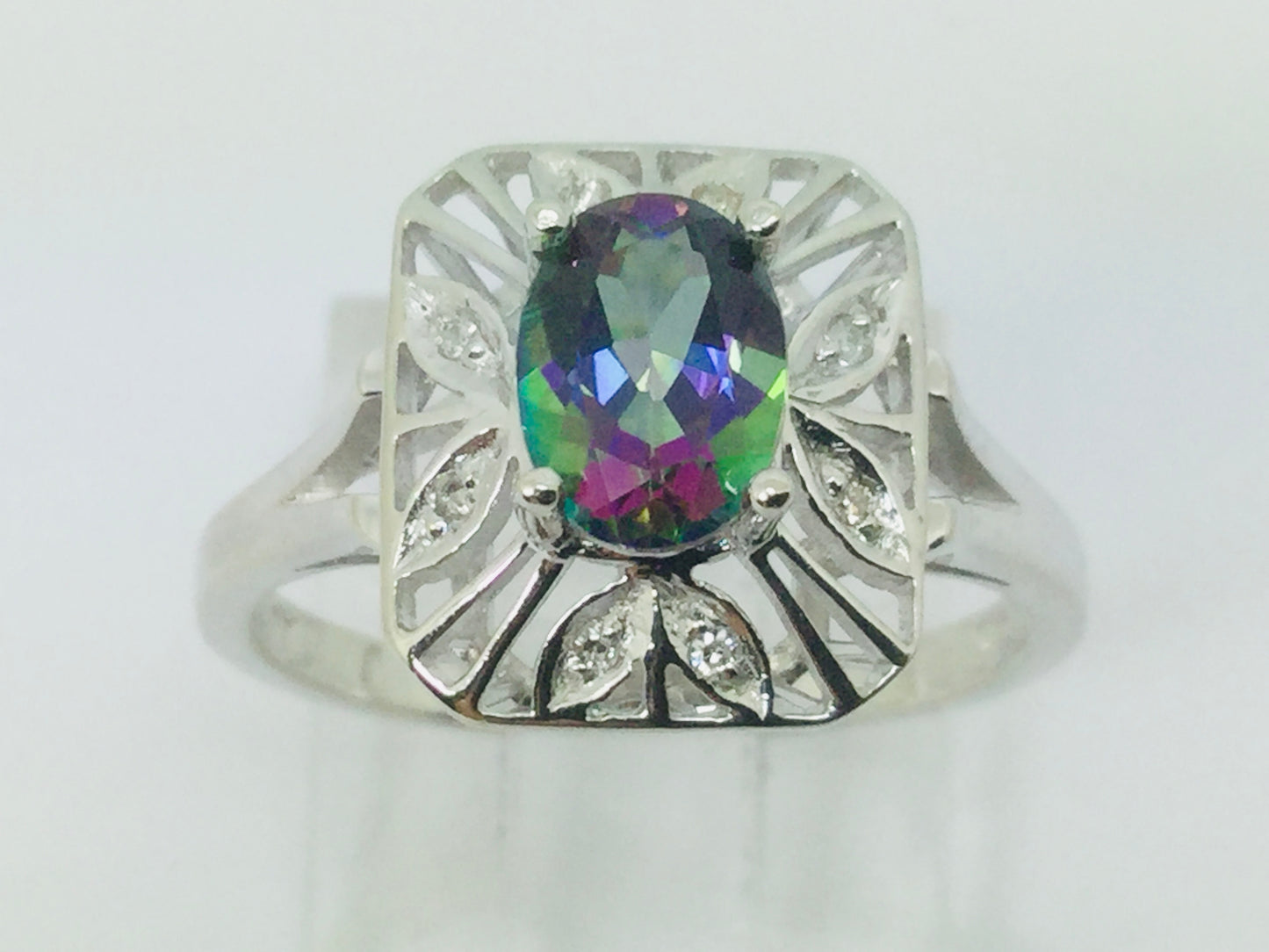 10k White Gold Oval Cut 0.75ct Rainbow Topaz & Diamond Accent Ring