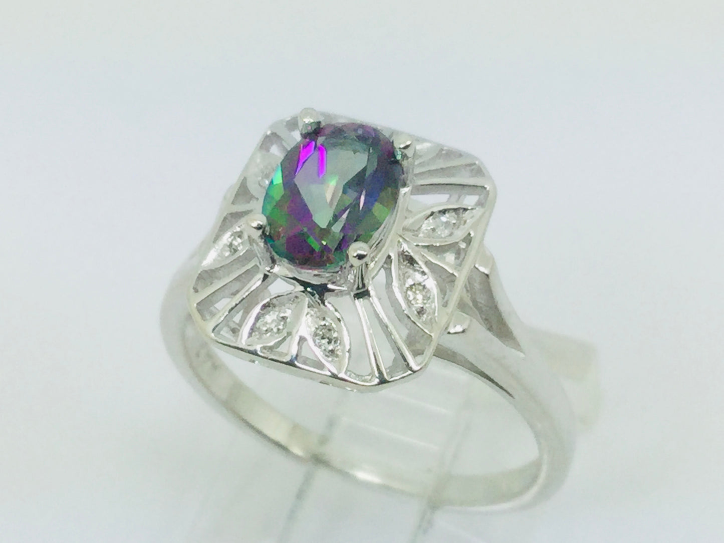 10k White Gold Oval Cut 0.75ct Rainbow Topaz & Diamond Accent Ring