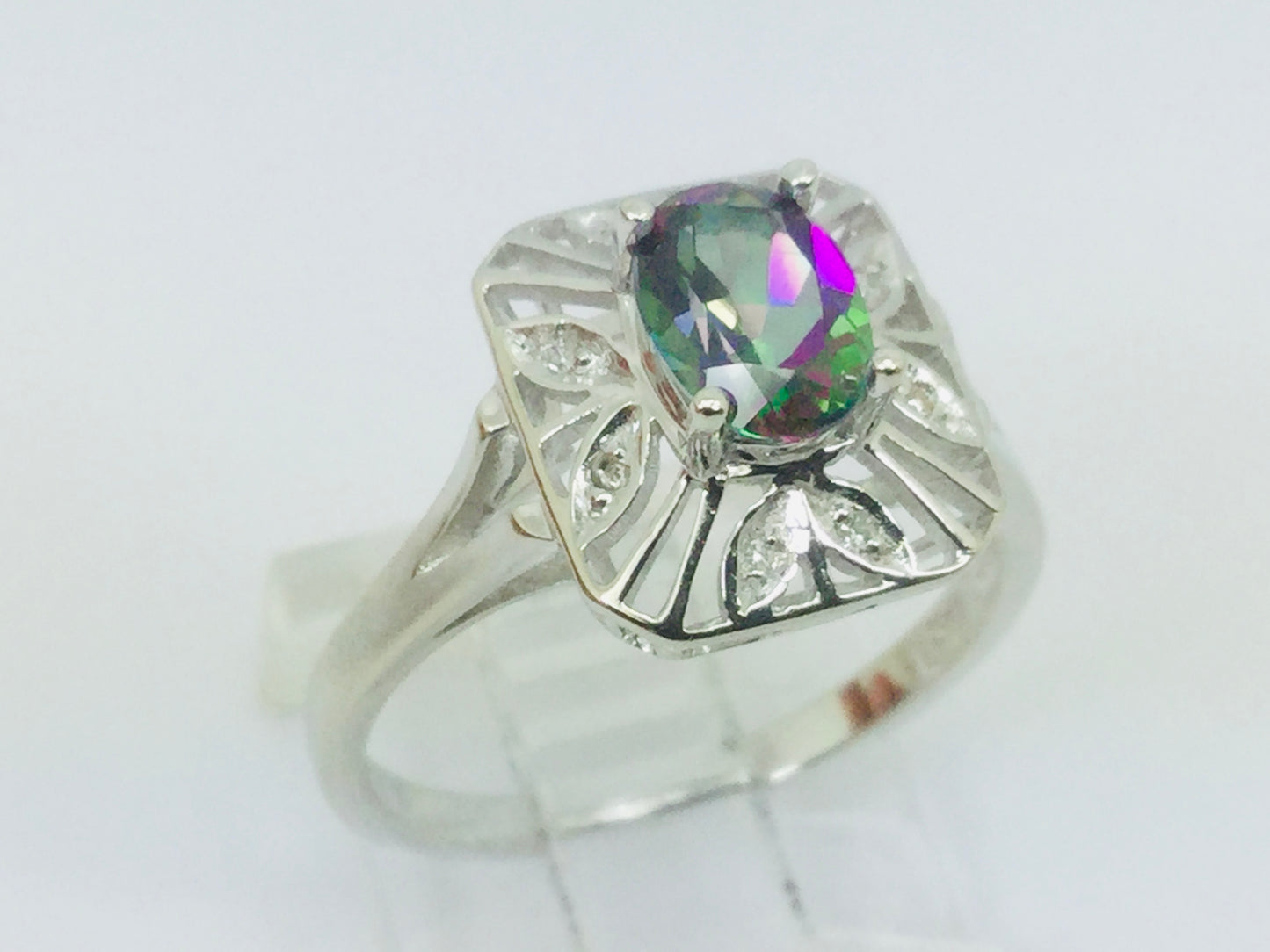 10k White Gold Oval Cut 0.75ct Rainbow Topaz & Diamond Accent Ring