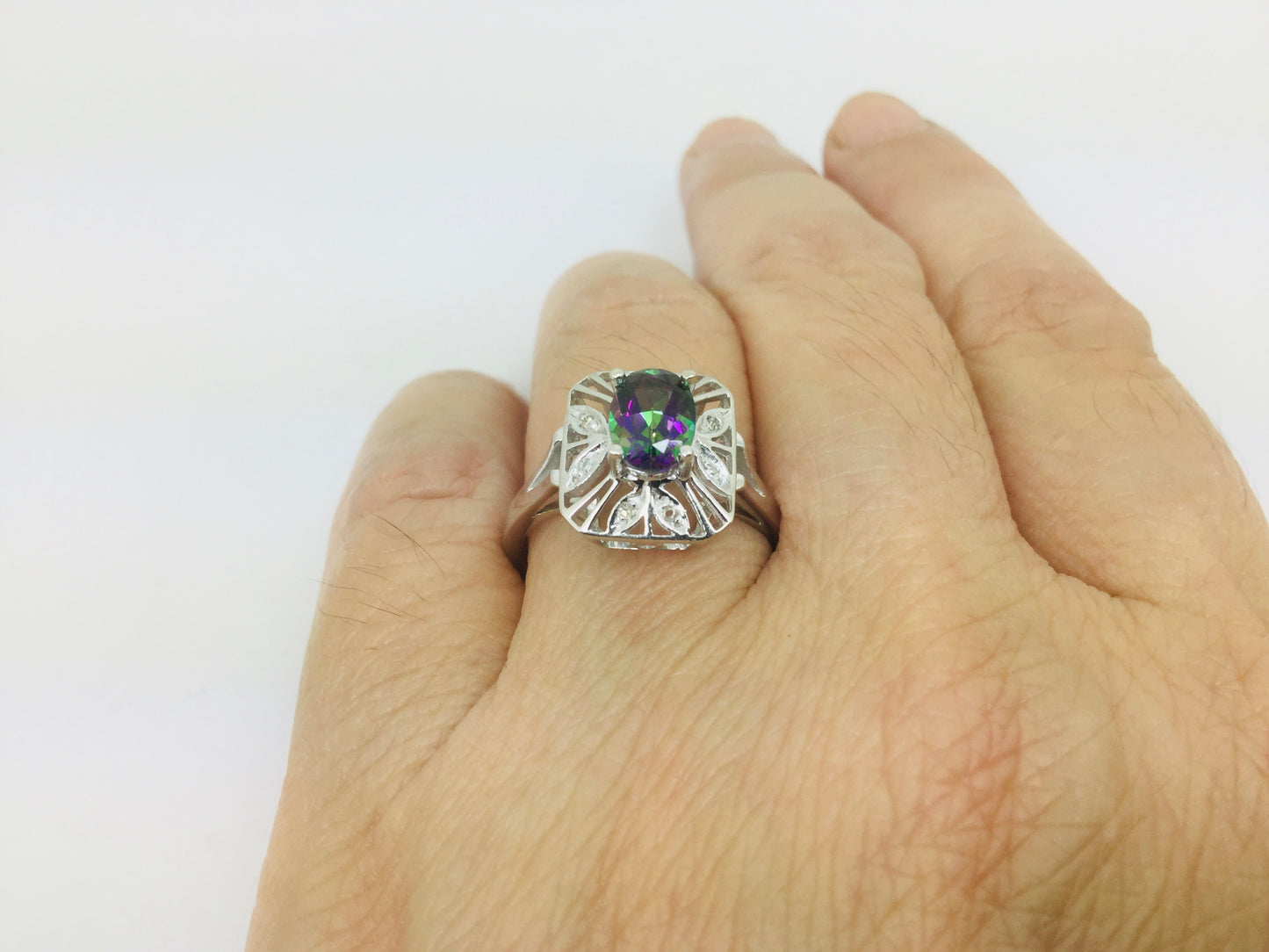 10k White Gold Oval Cut 0.75ct Rainbow Topaz & Diamond Accent Ring