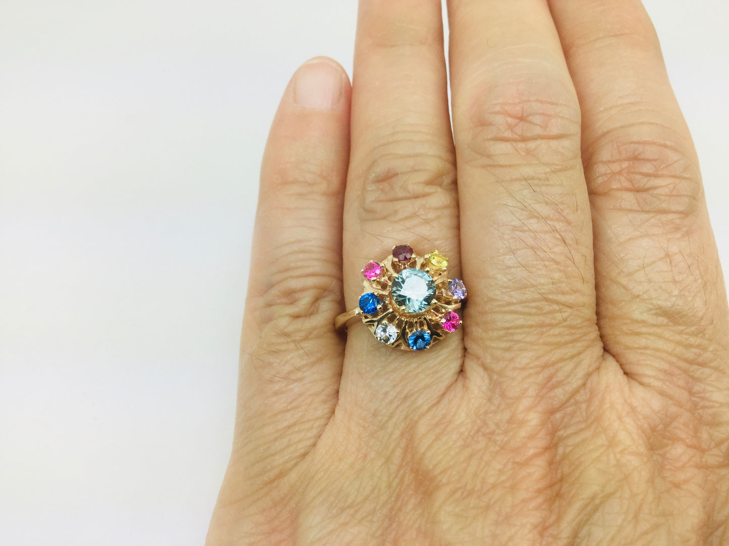 10k Yellow Gold Round Cut 9 Stone Family Ring