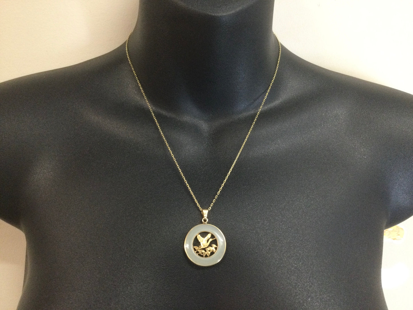 14k Yellow Gold Circular Jade Eagle Bird Pendent