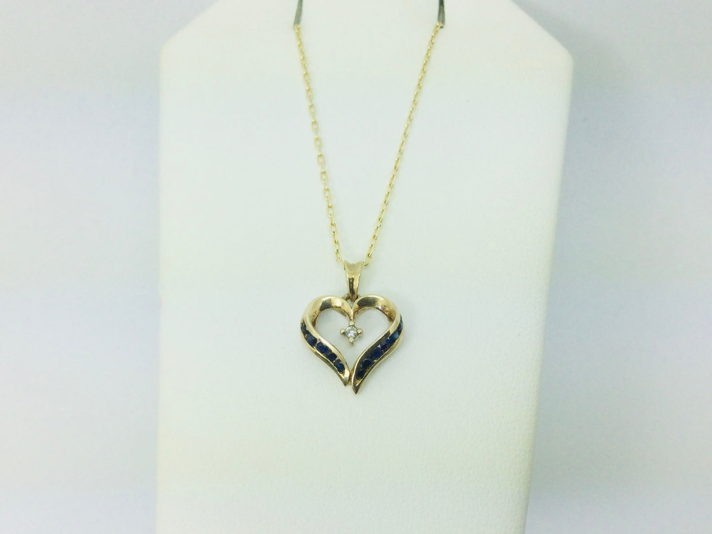10k Yellow Gold Round Cut 12pt Sapphire & 2pt Diamond Heart Pendent