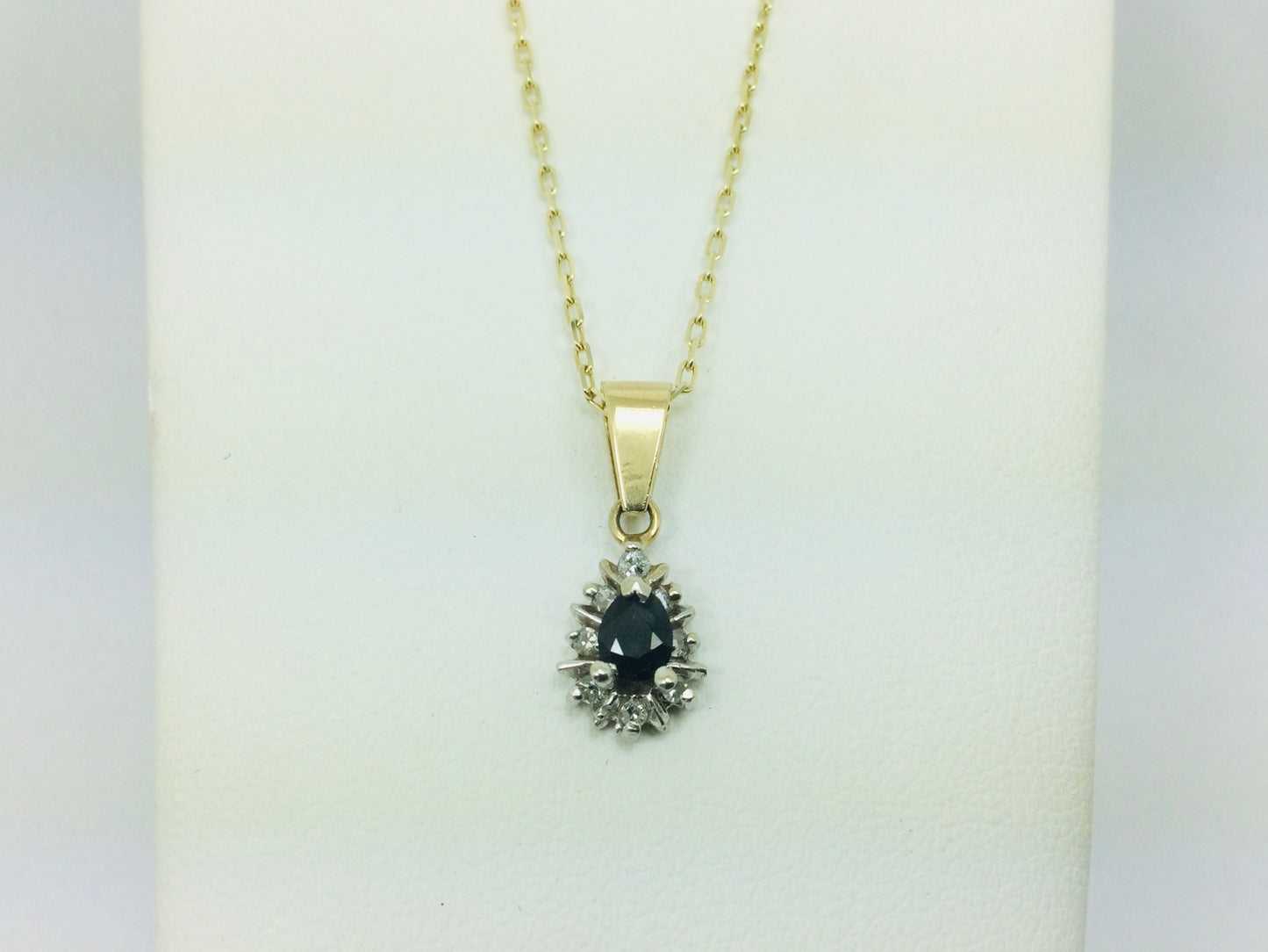 14k Yellow Gold Pear Cut 30pt Sapphire & 12pt Diamond Pendent