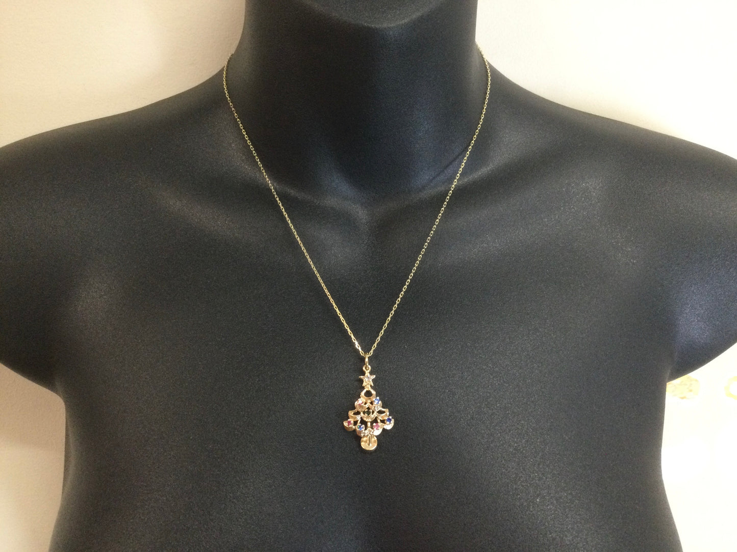 14k Yellow Gold Round Cut Ruby, Sapphire, Emerald & CZ Christmas Tree Pendent