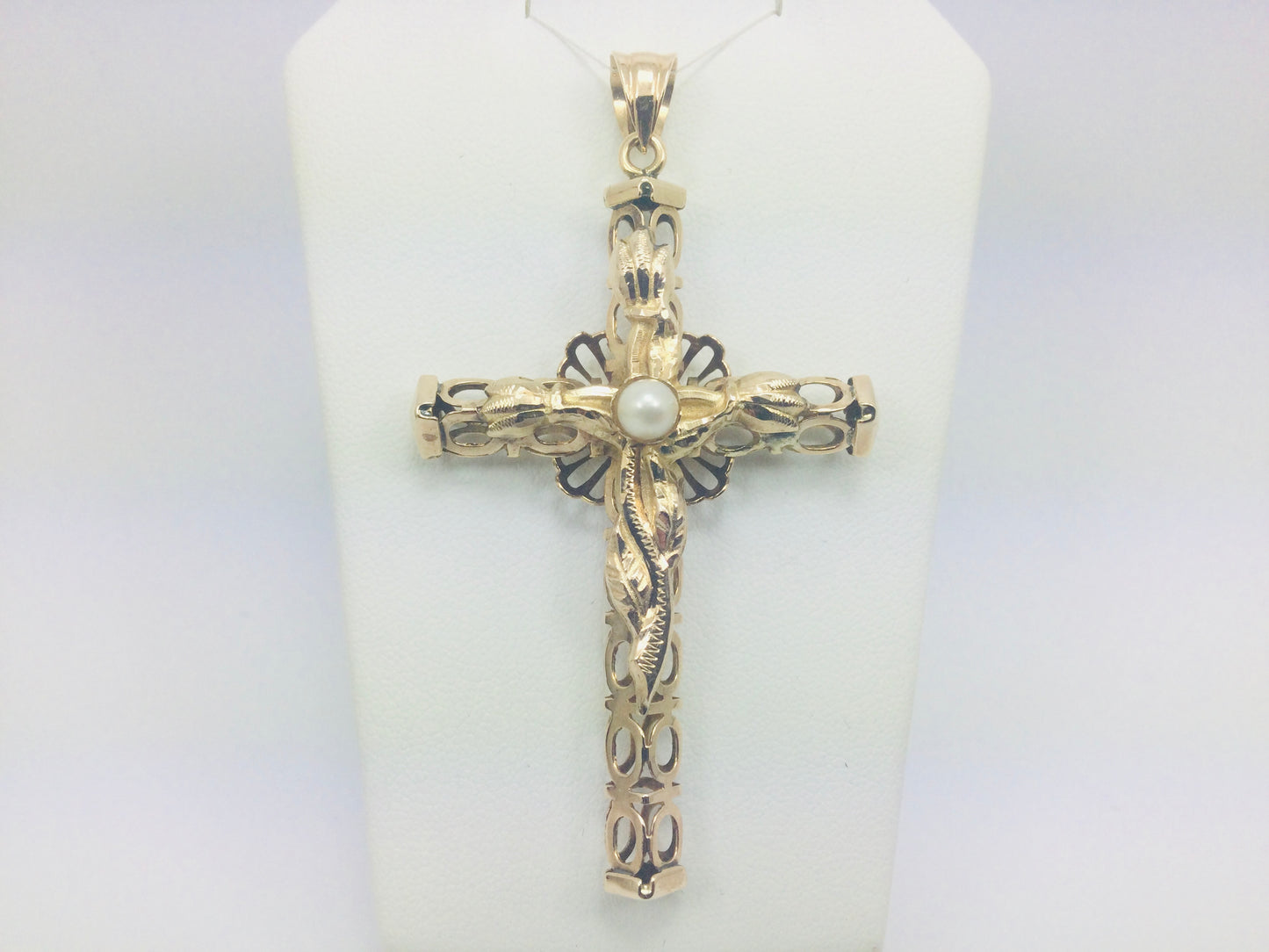 14k Yellow Gold Genuine Pearl June Birthstone Cross Pendent