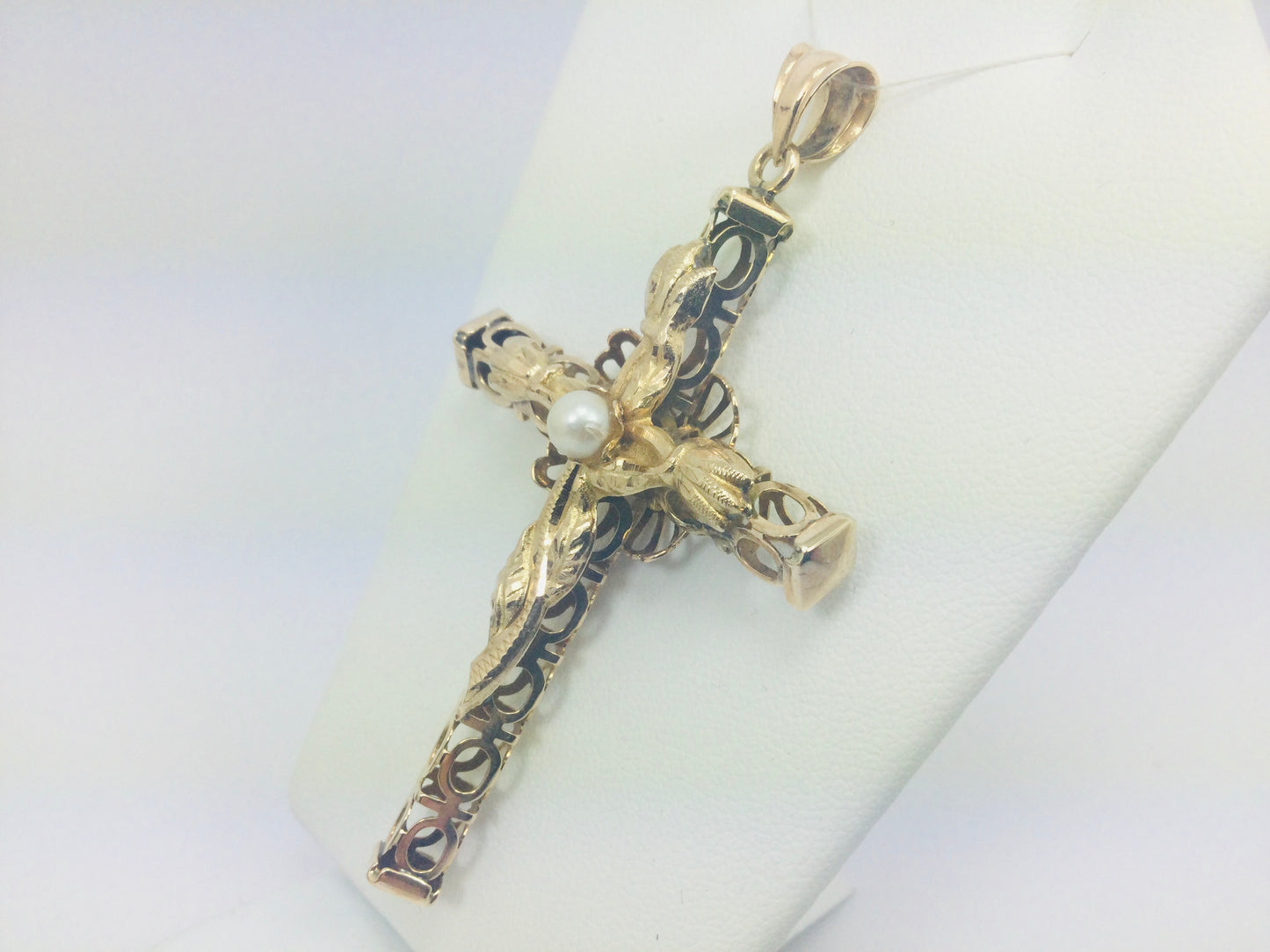 14k Yellow Gold Genuine Pearl June Birthstone Cross Pendent