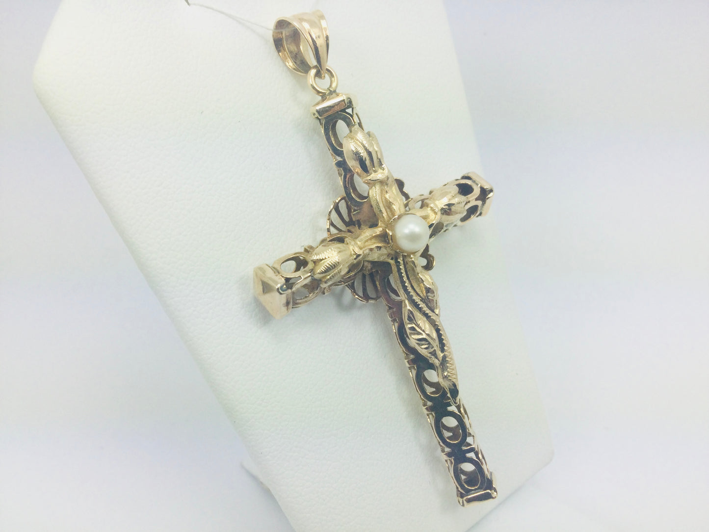 14k Yellow Gold Genuine Pearl June Birthstone Cross Pendent