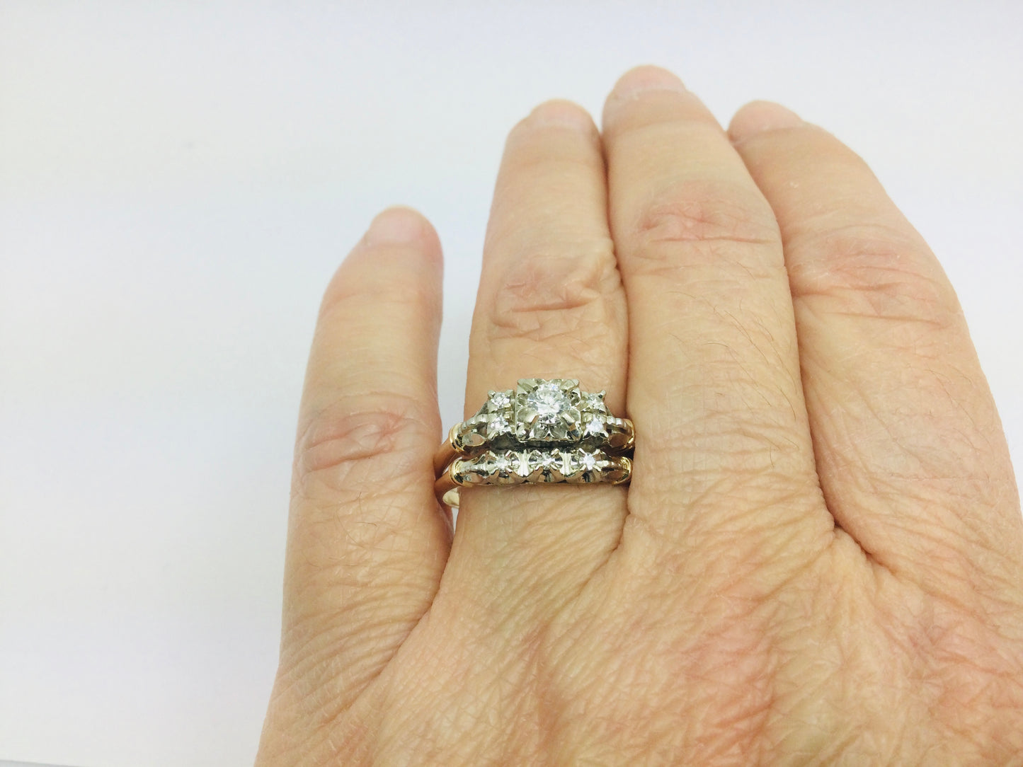 14k White and Yellow Gold 32.5pt Round Cut Diamond Vintage Engagement Ring & Wedding Band