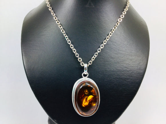 Sterling Silver Amber Pendent and Chain Necklace