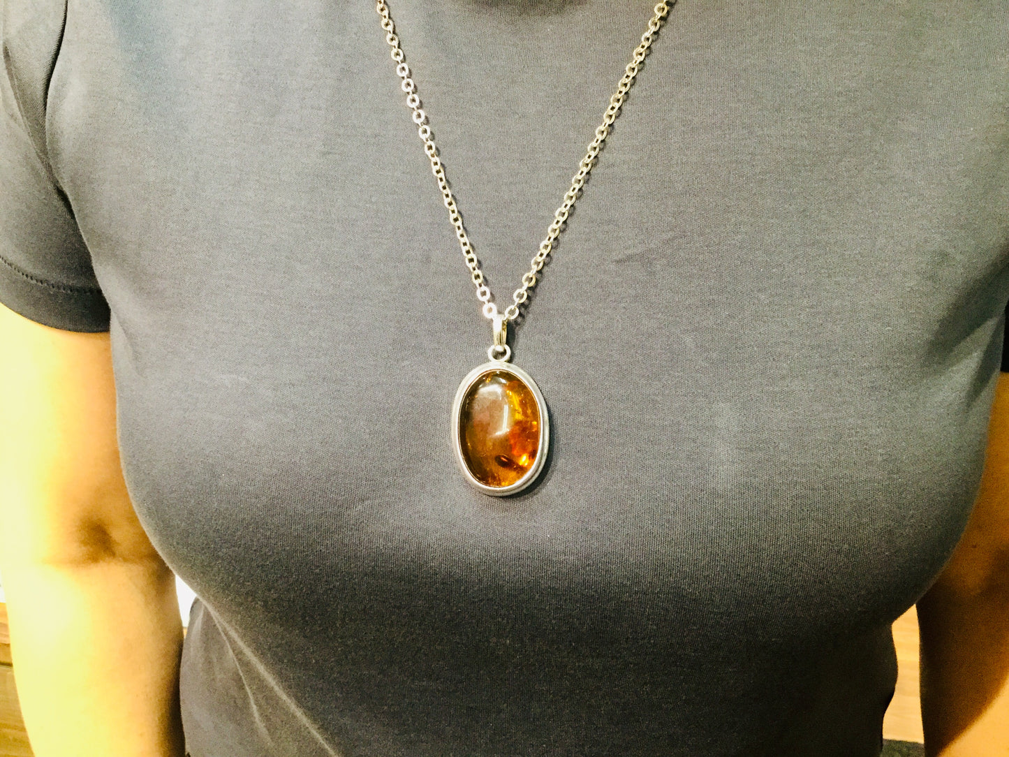 Sterling Silver Amber Pendent and Chain Necklace