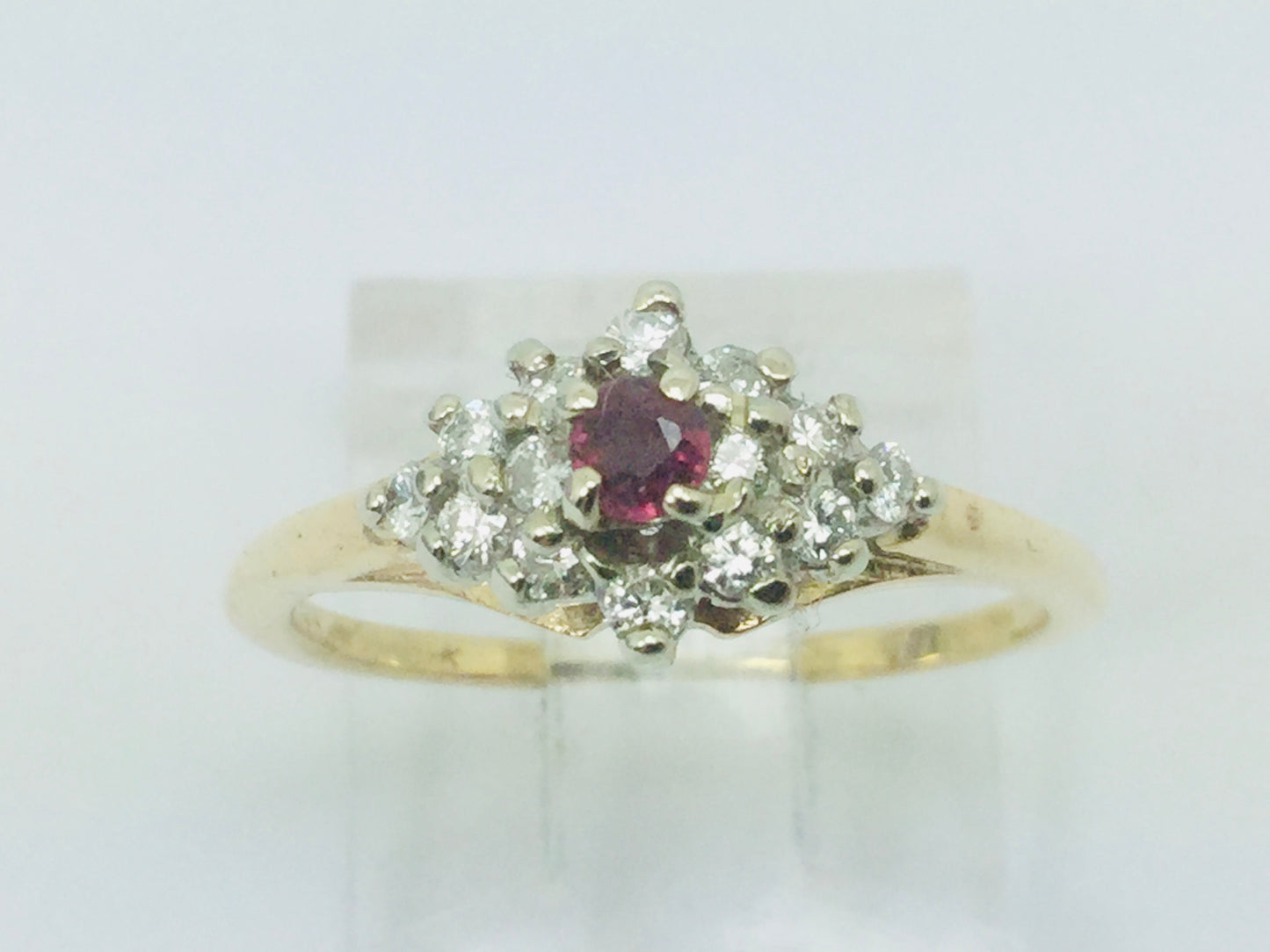 14k Yellow and White Gold Round Cut 10pt Genuine Ruby July Birthstone & 25pt Diamond Cluster Ring