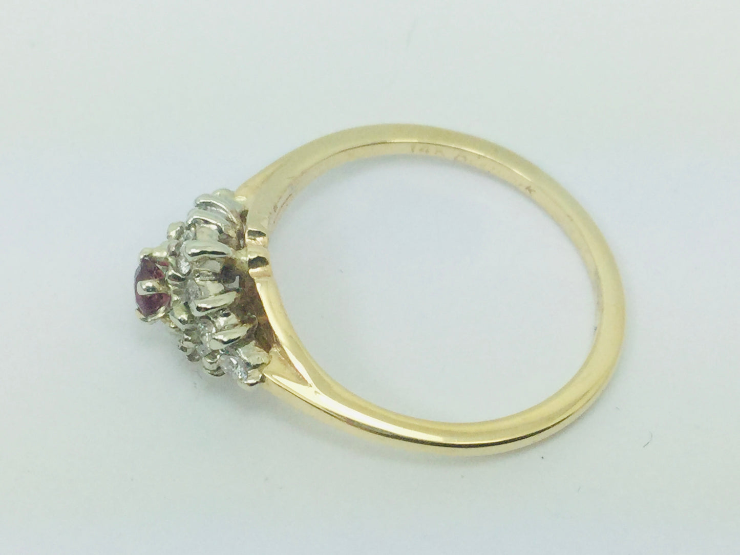 14k Yellow and White Gold Round Cut 10pt Genuine Ruby July Birthstone & 25pt Diamond Cluster Ring