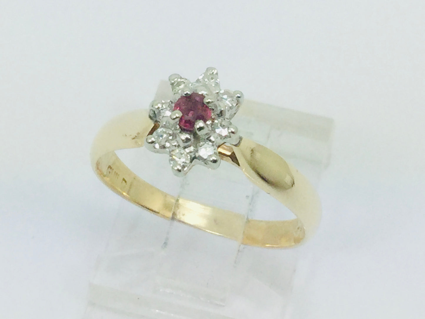 14k Yellow Gold Round Cut 12pt Genuine Ruby July Birthstone & 12pt Diamond Halo Ring