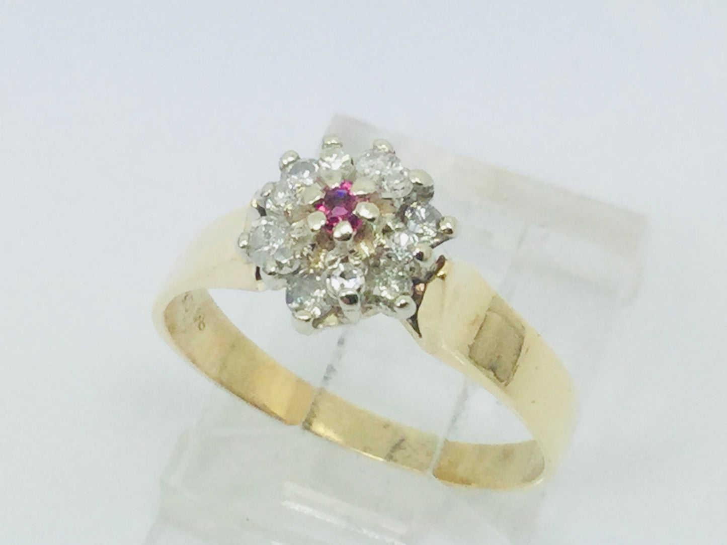 10k Yellow Gold Round Cut 5pt Genuine Ruby July Birthstone & 18pt Diamond Halo Ring