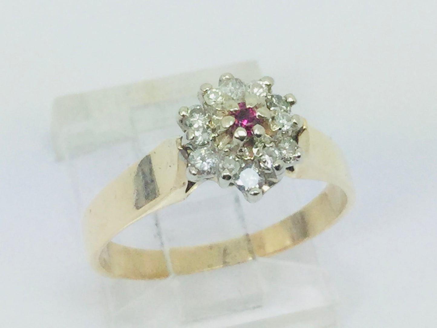 10k Yellow Gold Round Cut 5pt Genuine Ruby July Birthstone & 18pt Diamond Halo Ring