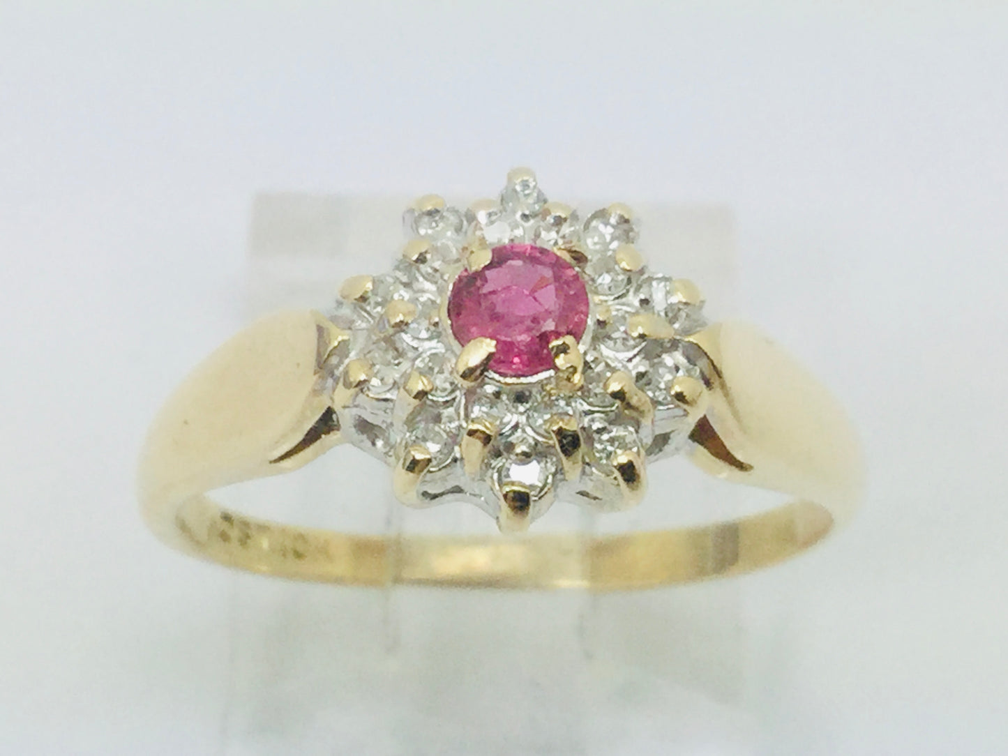 10k Yellow Gold Round Cut 16pt Genuine Ruby July Birthstone & 10pt Diamond Halo Ring