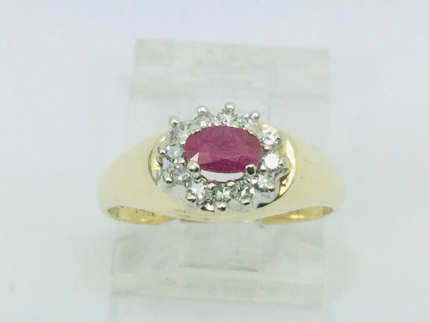 14k Yellow Gold Oval Cut 25pt Genuine Ruby July Birthstone & 12pt Diamond Halo Ring