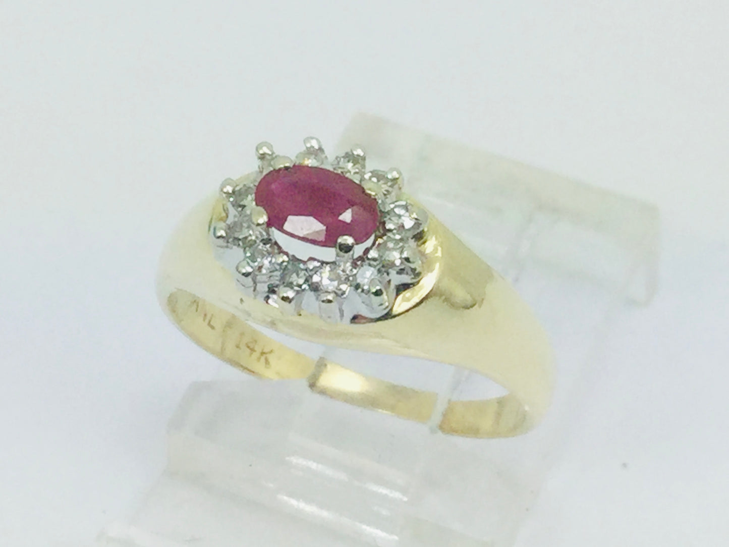 14k Yellow Gold Oval Cut 25pt Genuine Ruby July Birthstone & 12pt Diamond Halo Ring