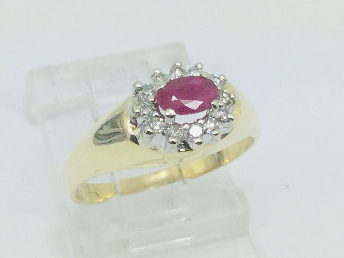 14k Yellow Gold Oval Cut 25pt Genuine Ruby July Birthstone & 12pt Diamond Halo Ring