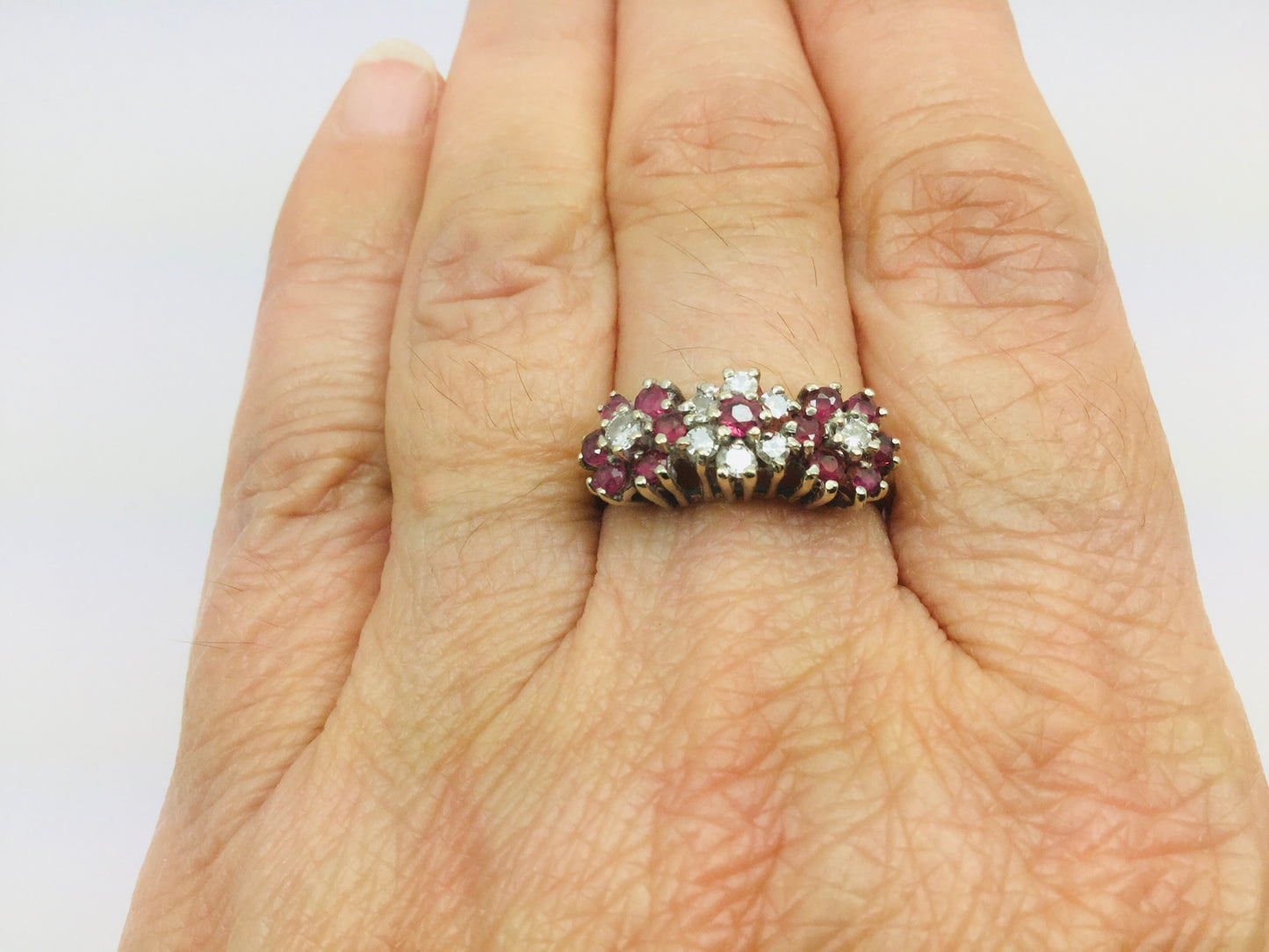 14k White Gold Round Cut 40pt Genuine Ruby July Birthstone & 24pt Diamond Halo Flower Ring