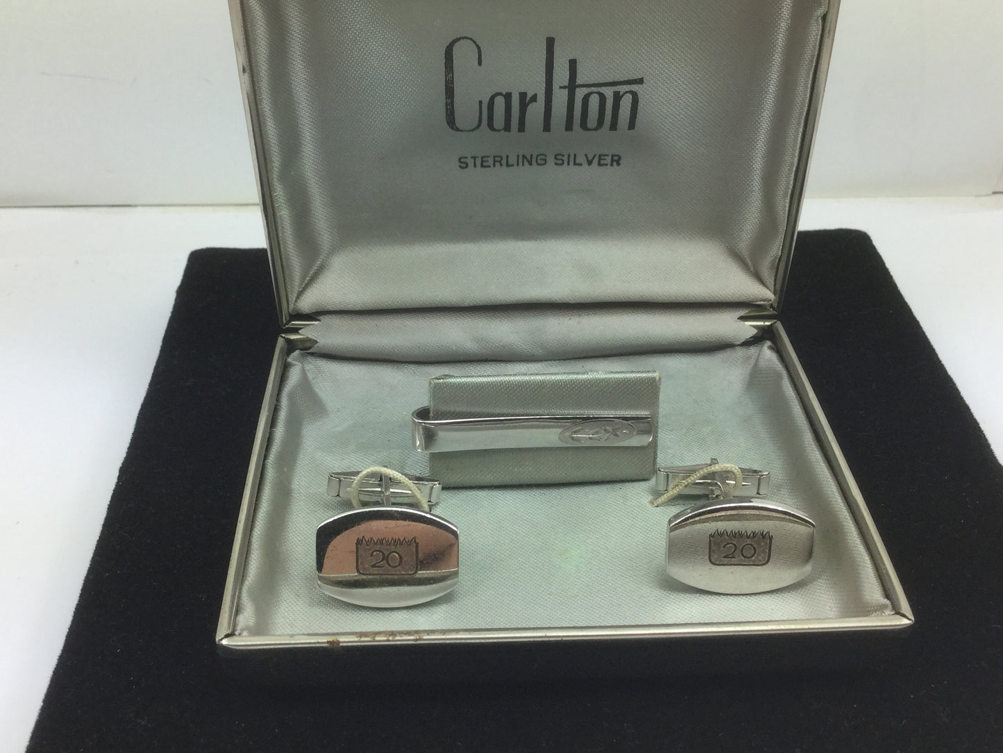 Carlton Sterling Silver 20th Anniversary Cuff Link & Tie Bar Set