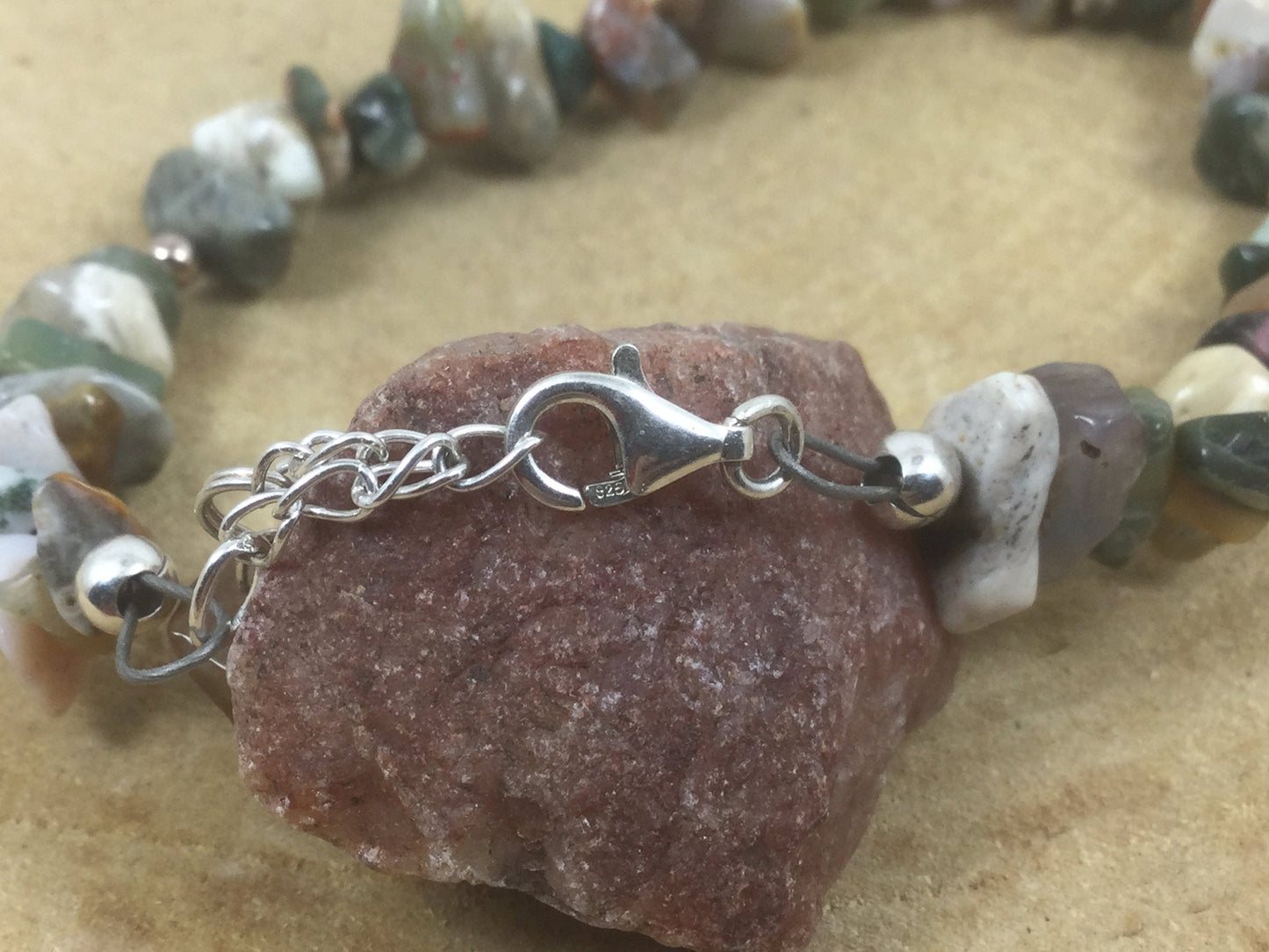 Adjustable Sterling Silver Genuine Gemstone Bracelet With Ocean Jasper (Stone Of Healing Past Sorrows )