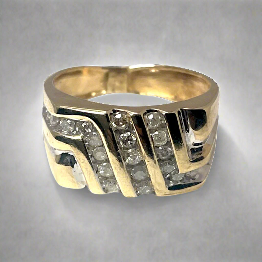 10K Yellow Gold Striped 0.46ct Diamond Pave Ring