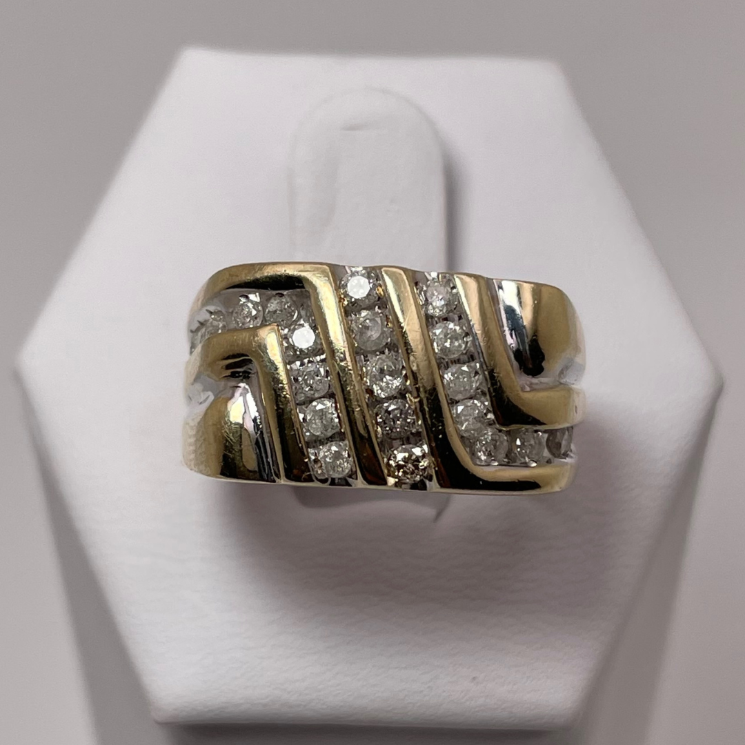 10K Yellow Gold Striped 0.46ct Diamond Pave Ring