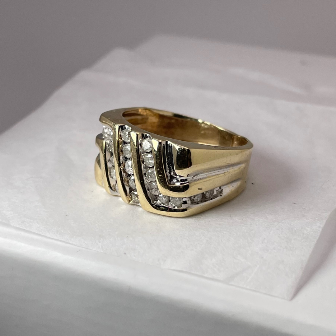 10K Yellow Gold Striped 0.46ct Diamond Pave Ring