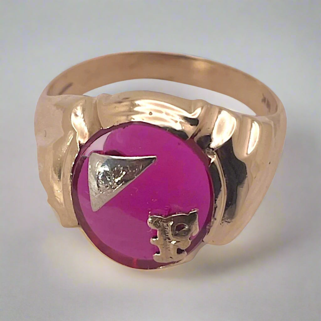 10K Gold Initial 'F' Pink Ruby Stone Ring