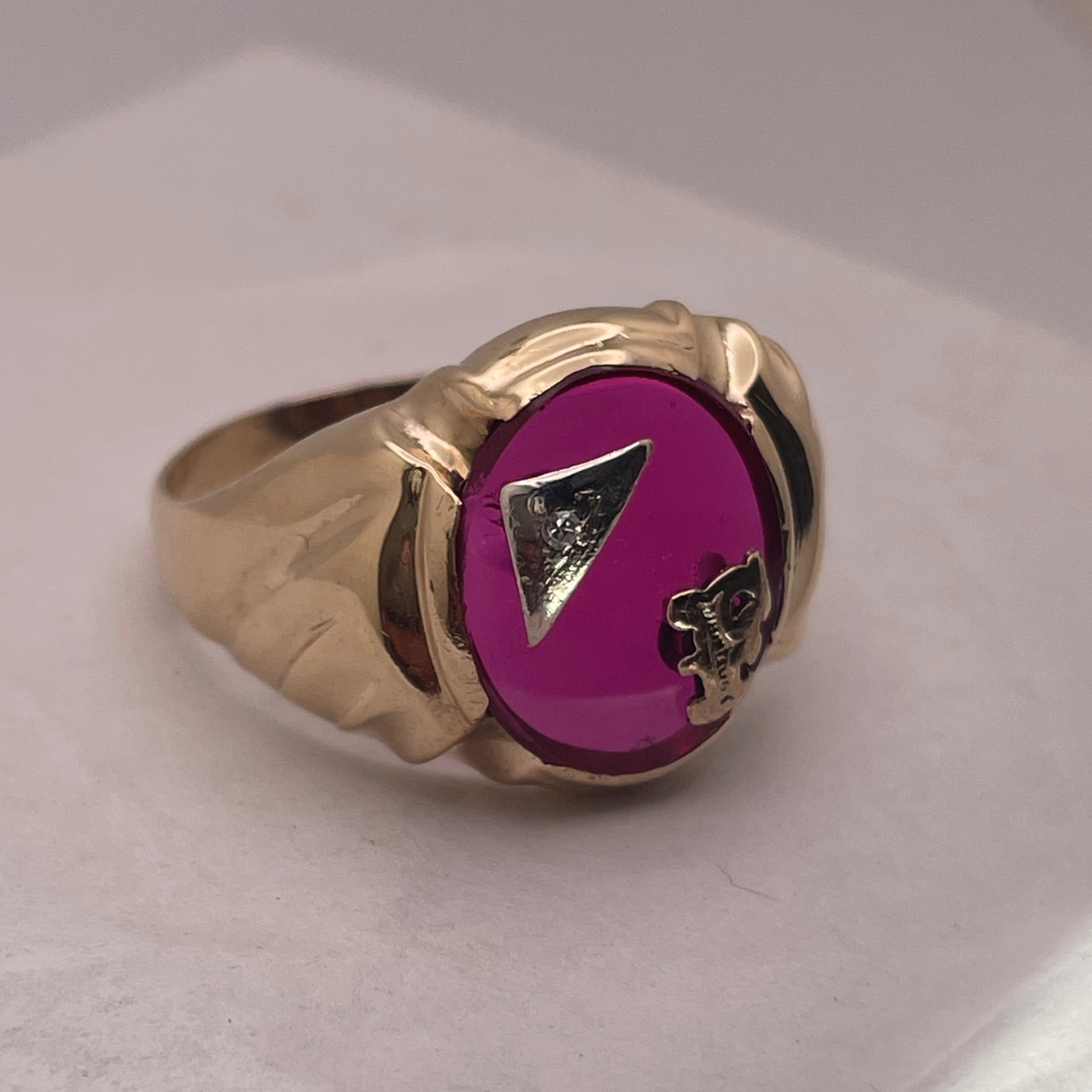 10K Gold Initial 'F' Pink Ruby Stone Ring