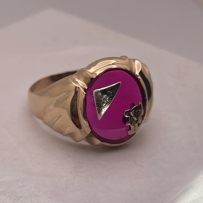 10K Gold Initial 'F' Pink Ruby Stone Ring