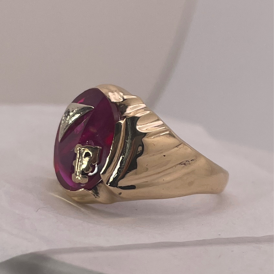 10K Gold Initial 'F' Pink Ruby Stone Ring