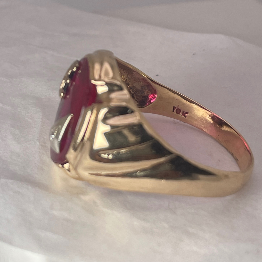 10K Gold Initial 'F' Pink Ruby Stone Ring