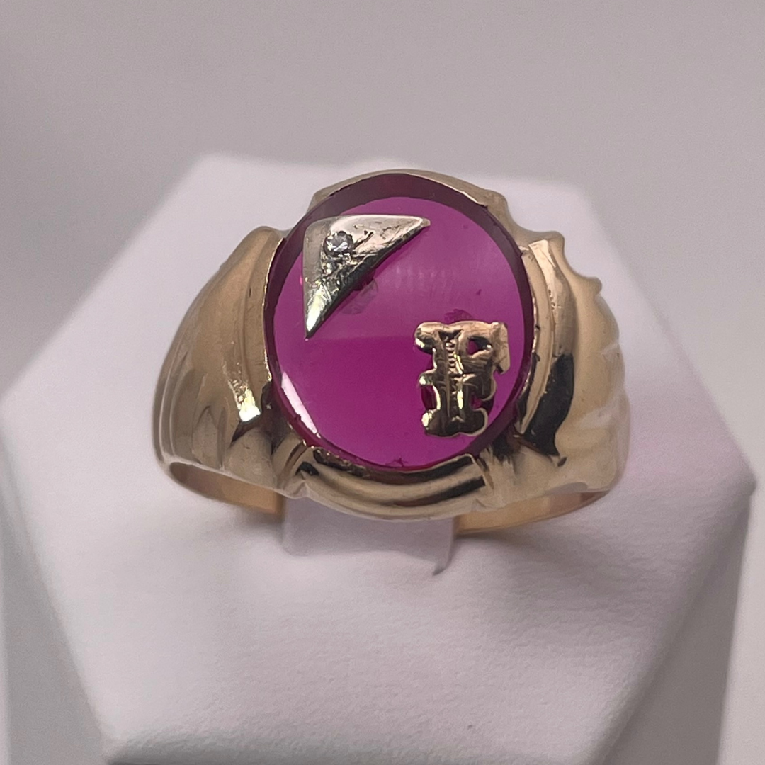 10K Gold Initial 'F' Pink Ruby Stone Ring