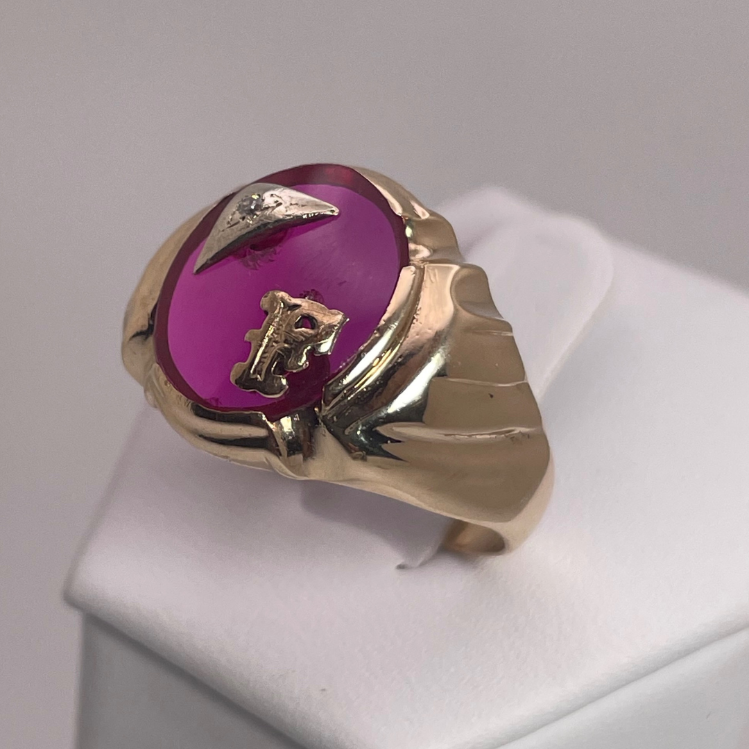 10K Gold Initial 'F' Pink Ruby Stone Ring