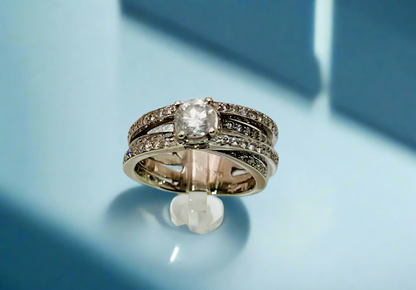 14k White Gold Round Cut 98pt Diamond and Row Set Accent Ring