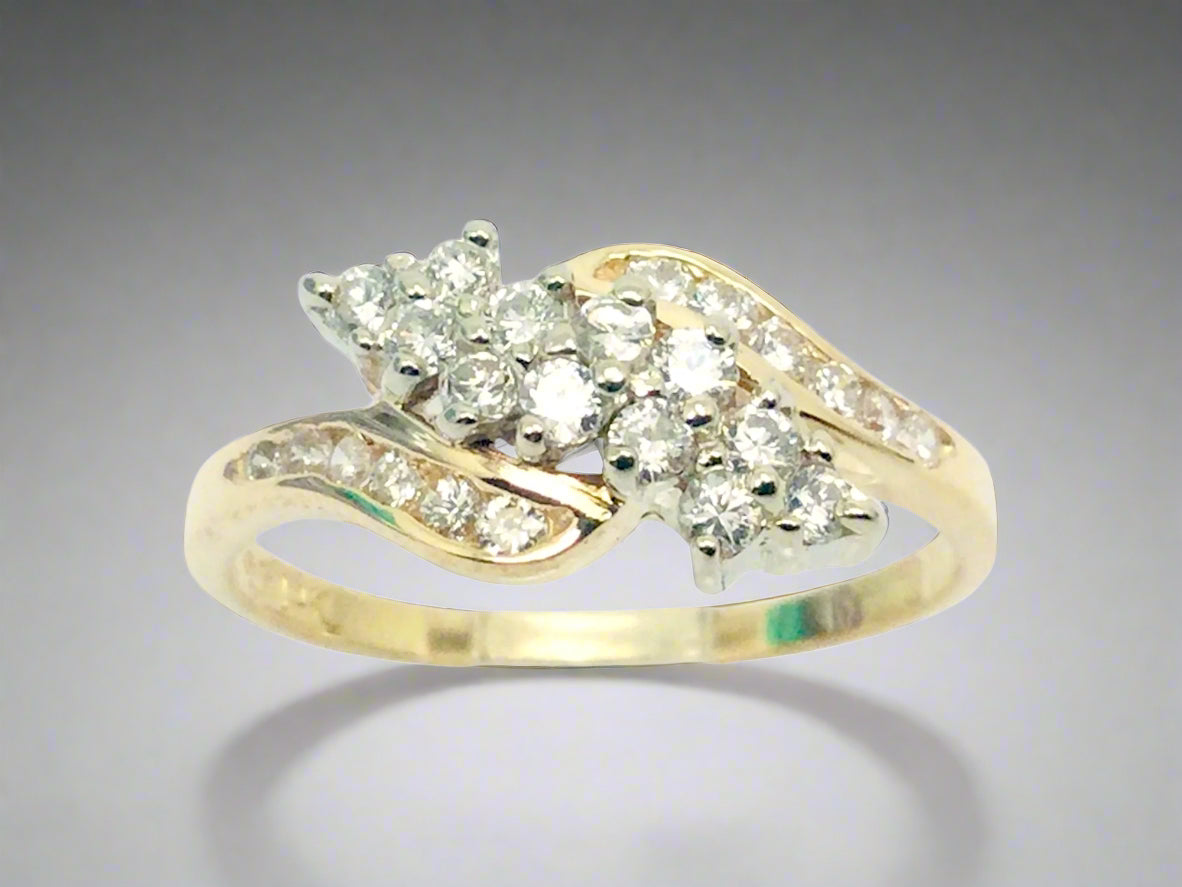 14k Yellow & White Gold Round Cut 50pt Diamond Cluster Ring