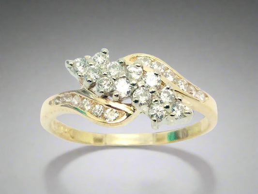 14k Yellow & White Gold Round Cut 50pt Diamond Cluster Ring