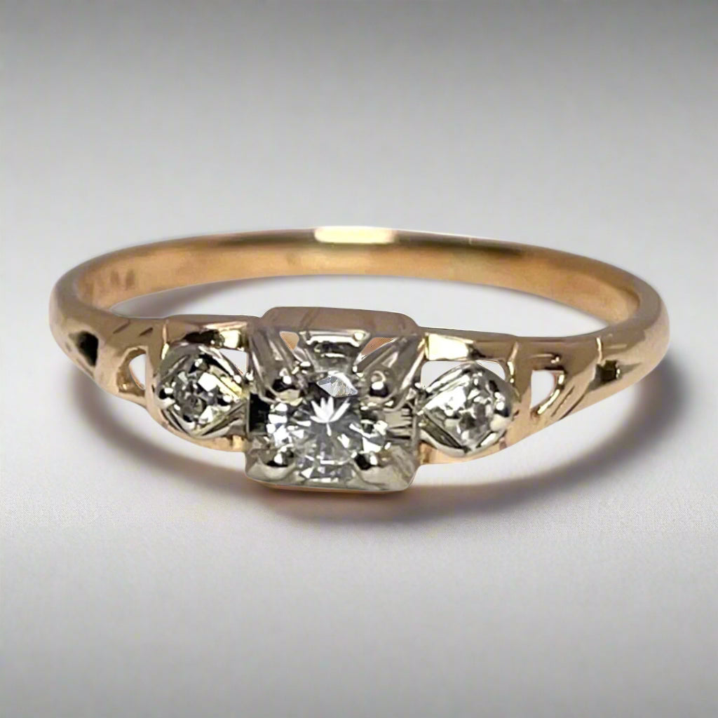 14k Yellow Gold Round Cut 0.15ct Diamond with Diamond Accent Ring