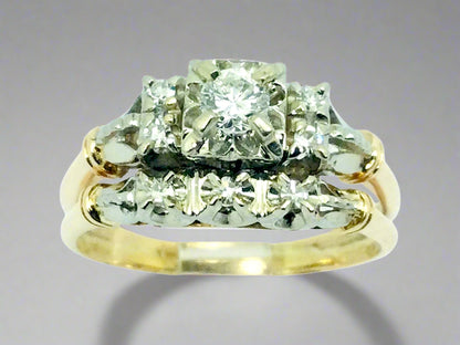 14k White and Yellow Gold 32.5pt Round Cut Diamond Vintage Engagement Ring & Wedding Band