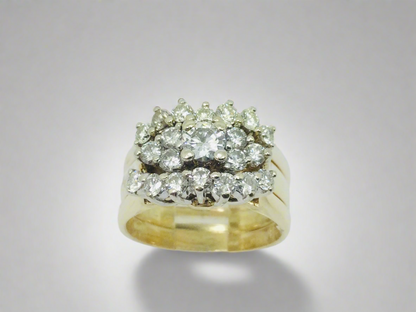 14k Yellow Gold Round Cut 1.11ct Diamond Cluster Engagement and Wedding Ring Set
