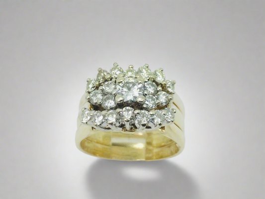 14k Yellow Gold Round Cut 1.11ct Diamond Cluster Engagement and Wedding Ring Set