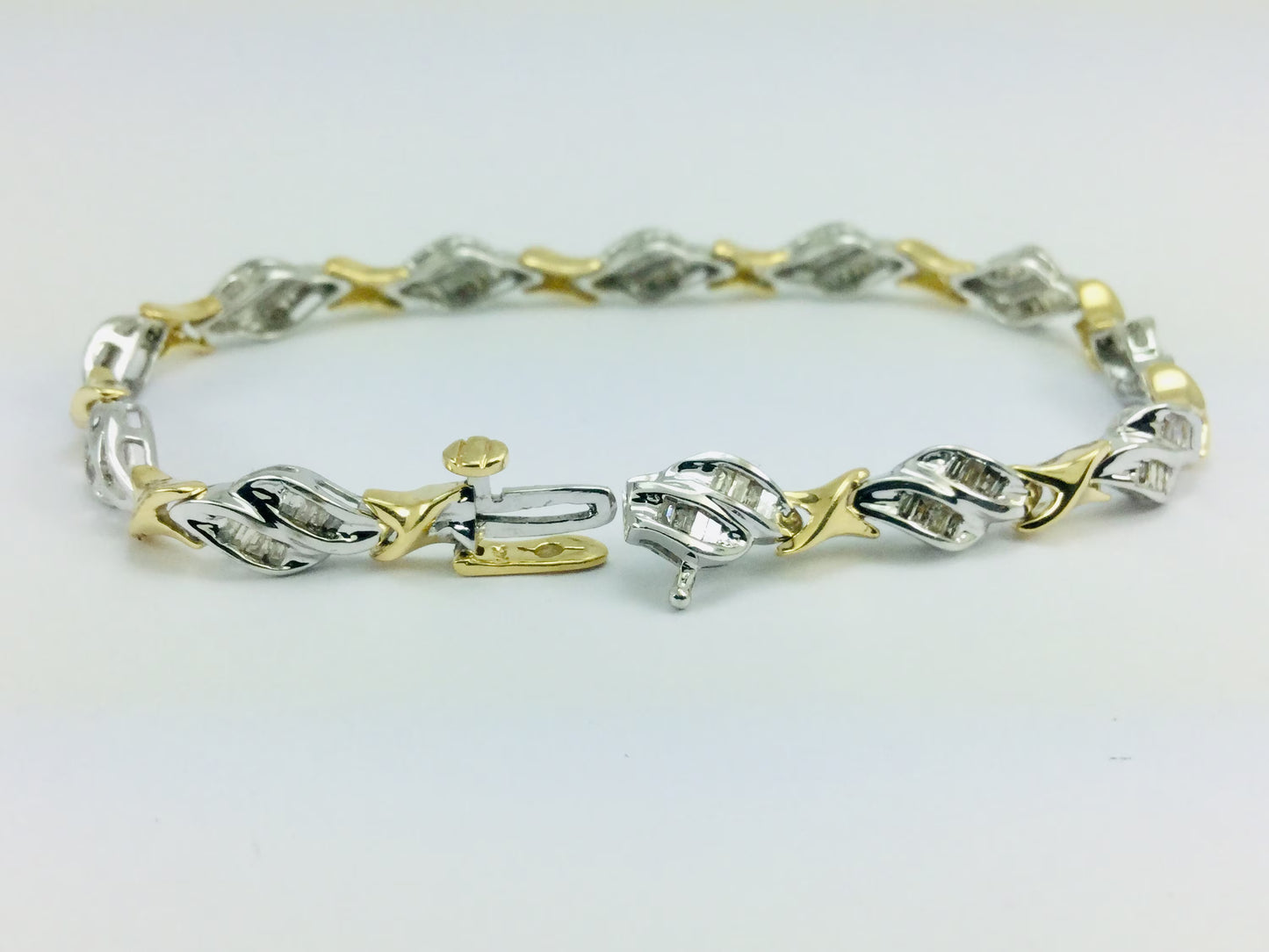 Vintage 14k White & Yellow Gold Diamond Baguette Tennis Bracelet with Safety Catch  ( 1.92ct TDW )