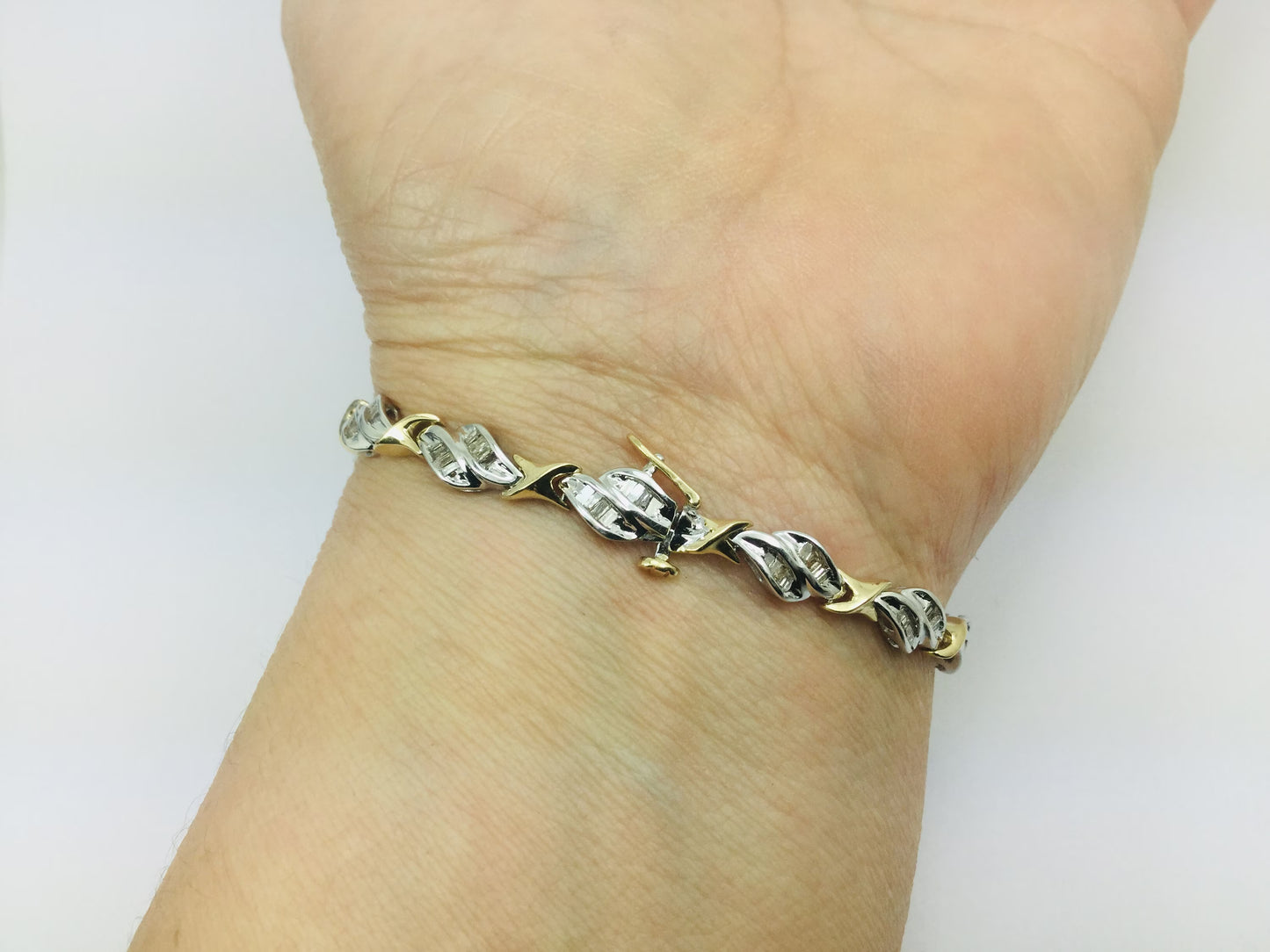 Vintage 14k White & Yellow Gold Diamond Baguette Tennis Bracelet with Safety Catch  ( 1.92ct TDW )