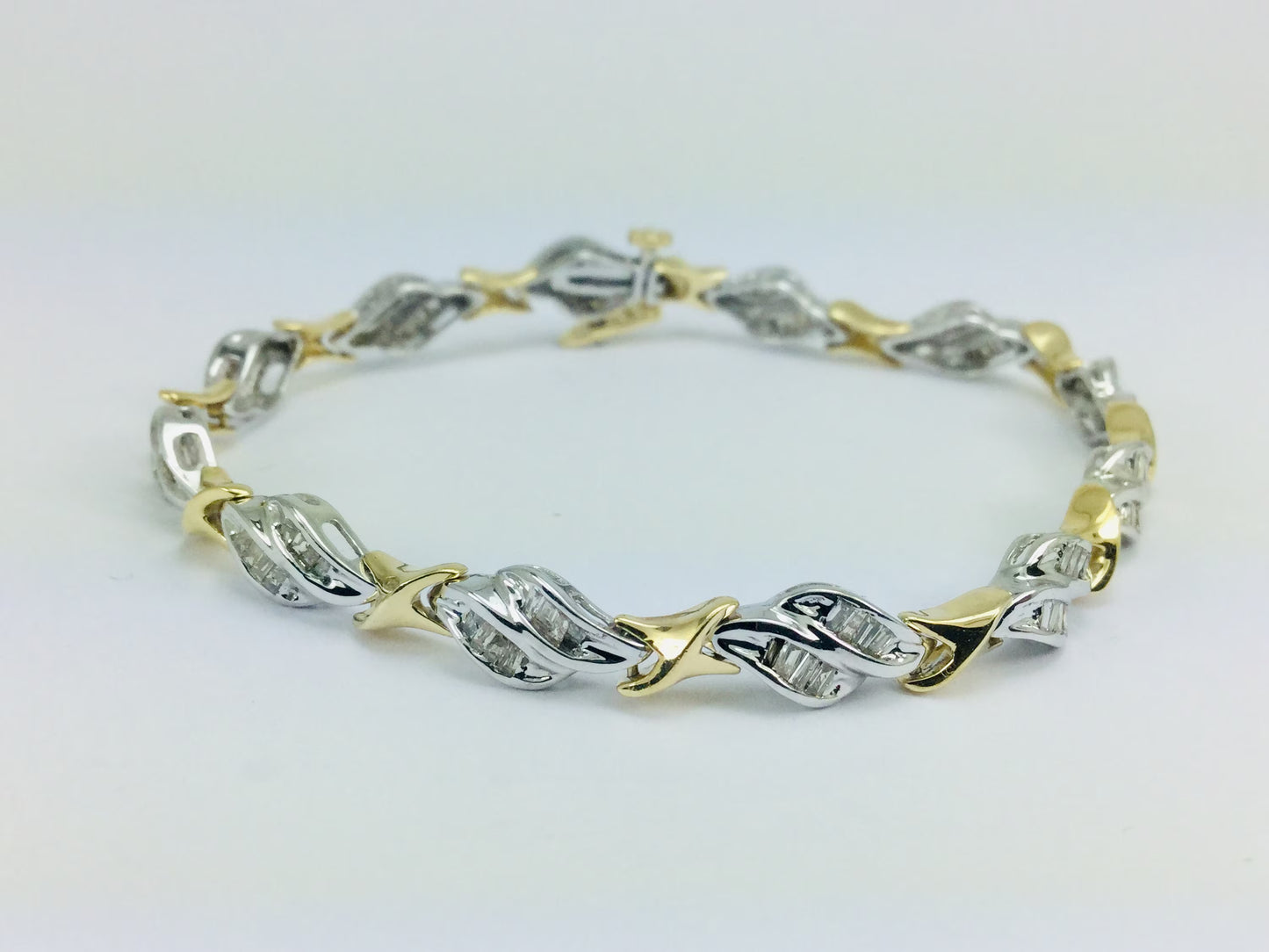 Vintage 14k White & Yellow Gold Diamond Baguette Tennis Bracelet with Safety Catch  ( 1.92ct TDW )