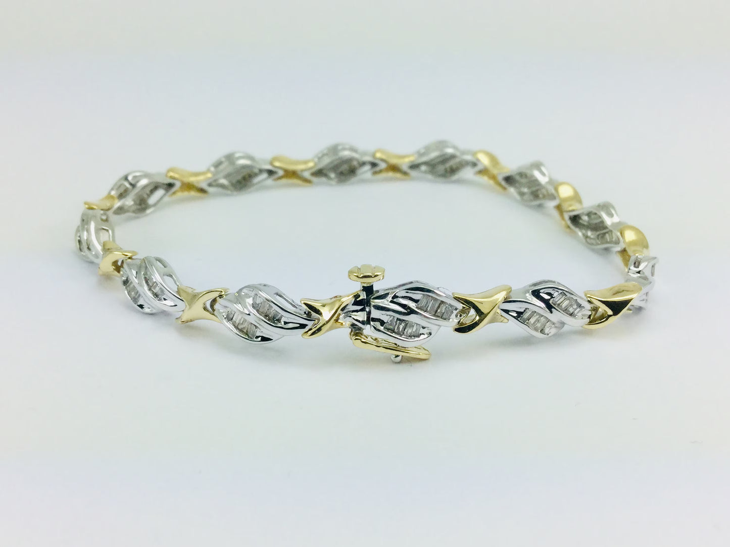 Vintage 14k White & Yellow Gold Diamond Baguette Tennis Bracelet with Safety Catch  ( 1.92ct TDW )